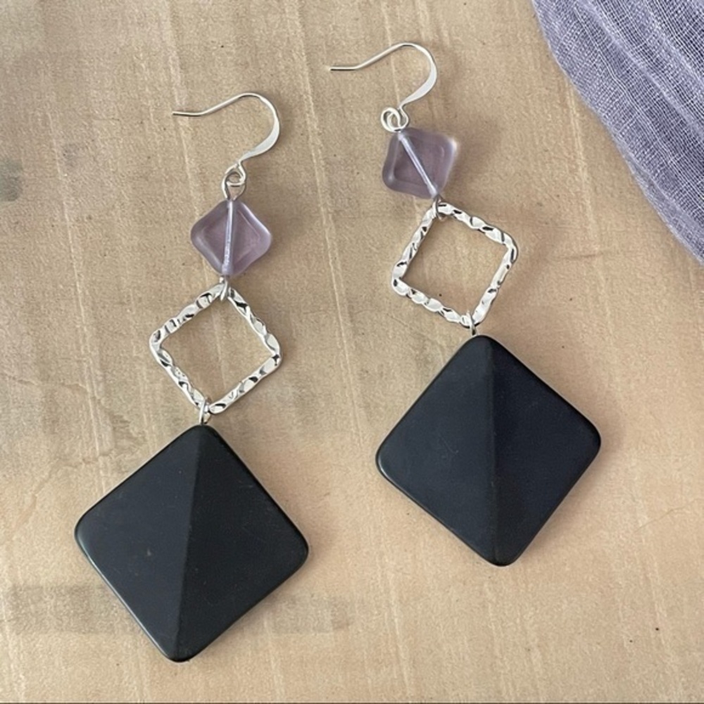🔥HOT LOOK 🐢 Black Onyx & Pastel Purple Statement Earrings 3.25” Contemporary